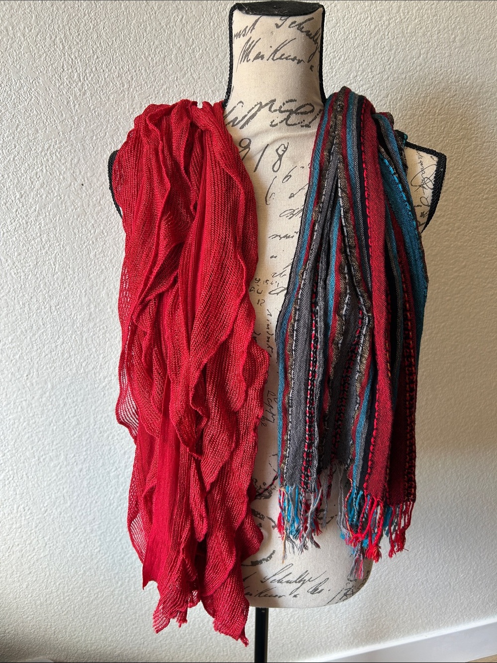 2 scarf BUNDLE! Solid red wavy knit and blue and red fringe scarf